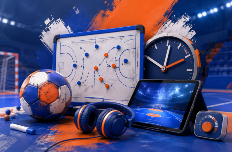 Ballon de handball, tableau tactique et espace numérique de fin de match.